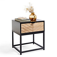 VonHaus Chevron Side Table - Black & Light Wood Effect End Table - Drawer for Living Room - Modern Bedside Table w/Metal Frame