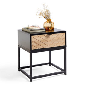 VonHaus Chevron Side Table - Black & Light Wood Effect End Table - Drawer for Living Room - Modern Bedside Table w/Metal Frame