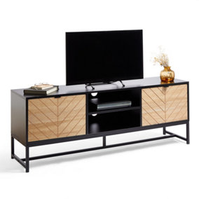 VonHaus Chevron TV Unit - Black TV Cabinet w/Light Wood Effect - Entertainment Unit w/Storage Cupboards & Shelving - TVs up to 65"