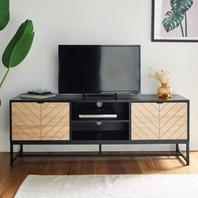 VonHaus Chevron TV Unit for 65 Inch TV Black TV Cabinet w Light Wood Effect Entertainment