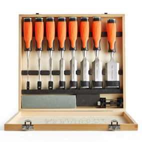 VonHaus Chisel Set, 10 Piece Woodworking Tools Set, Wood Carving Tools with Sharpening Stone, Honing Guide & Storage Case