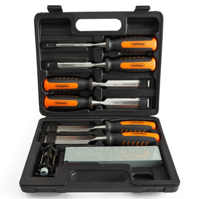 VonHaus Chisel Set, 8 Piece Woodworking Tools Set, Wood Carving Tools with  Sharpening Stone, Honing Guide & Storage Case