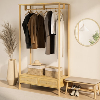 VonHaus Clothes Rail for Bedroom, Scandi Style Natural Rattan 2 Drawer Organiser, Open Wardrobe Coat Stand, Living room Storage