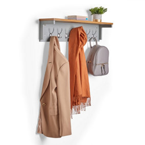 VonHaus Coat Hooks Wall Mounted - Grey Coat Rack w/ Large Shelf & 7 Strong Double Coat Hooks, Hallway Organiser w/ Ash Wood Veneer