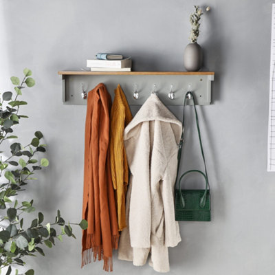 Coat Rack Wall Mounted W Shelf 7 Double Hooks Grey For Hallway VonHaus