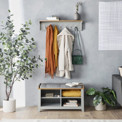 VonHaus Coat Hooks Wall Mounted - White Coat Rack Shelf w/ 2 Grey Wicker  Storage Baskets & 5 Strong Double Coat Hooks for Hallway