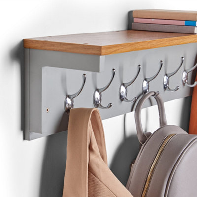 VonHaus Coat Hooks Wall Mounted - Grey Coat Rack w/ Large Shelf