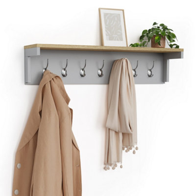 VonHaus Coat Hooks Wall Mounted, Grey Coat Rack with Shelf