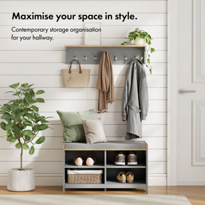 VonHaus Coat Hooks Wall Mounted, Grey Coat Rack with Shelf