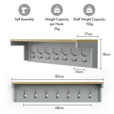 VonHaus Coat Hooks Wall Mounted, Grey Coat Rack with Shelf