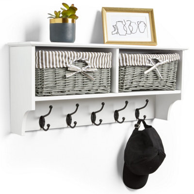 VonHaus Coat Hooks Wall Mounted - White Coat Rack Shelf w/ 2 Grey Wicker Storage Baskets & 5 Strong Double Coat Hooks for Hallway