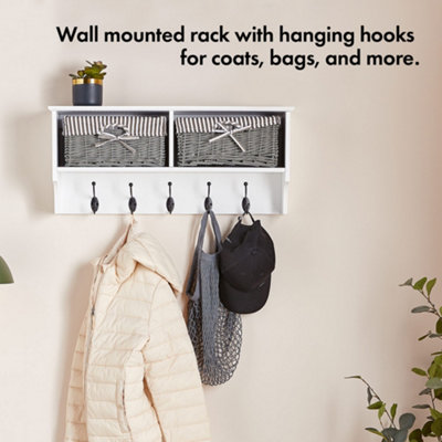 VonHaus Coat Hooks Wall Mounted - White Coat Rack Shelf w/ 2 Grey Wicker Storage Baskets & 5 Strong Double Coat Hooks for Hallway