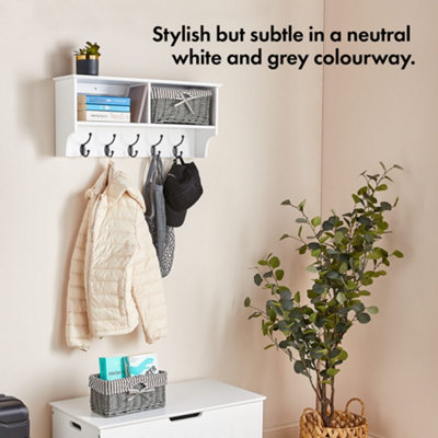 VonHaus Coat Hooks Wall Mounted - White Coat Rack Shelf w/ 2 Grey Wicker Storage Baskets & 5 Strong Double Coat Hooks for Hallway - 3