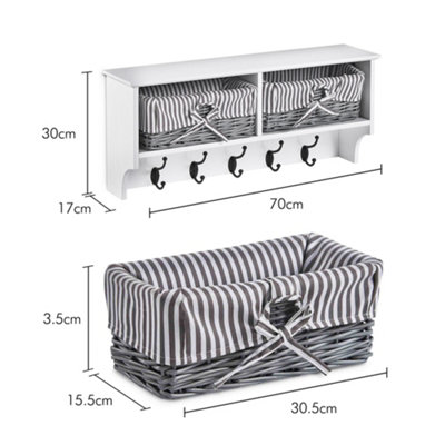 VonHaus Coat Hooks Wall Mounted - White Coat Rack Shelf w/ 2 Grey Wicker Storage Baskets & 5 Strong Double Coat Hooks for Hallway - 4