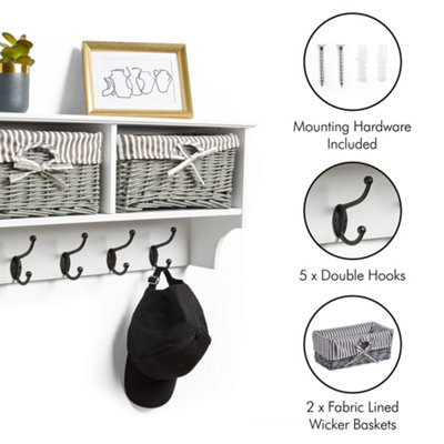 VonHaus Coat Hooks Wall Mounted - White Coat Rack Shelf w/ 2 Grey Wicker Storage Baskets & 5 Strong Double Coat Hooks for Hallway - 5