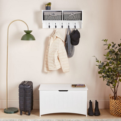 VonHaus Coat Hooks Wall Mounted - White Coat Rack Shelf w/ 2 Grey Wicker Storage Baskets & 5 Strong Double Coat Hooks for Hallway - 7
