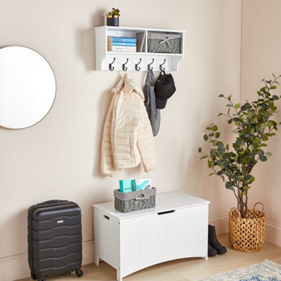 VonHaus Coat Hooks Wall Mounted - White Coat Rack Shelf w/ 2 Grey Wicker Storage Baskets & 5 Strong Double Coat Hooks for Hallway - 8