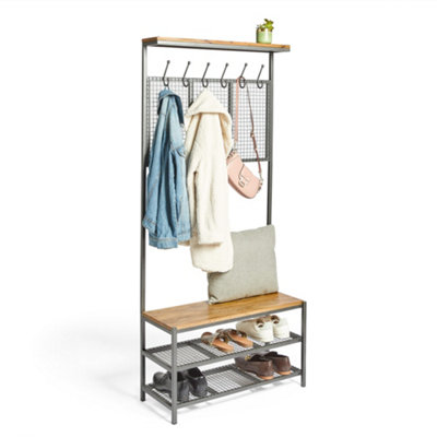 VonHaus Coat Rack Stand, Freestanding Coat Hanger w/Black Iron Frame,  Hallway Shoe Storage Bench with 6 Mounted Hooks