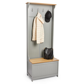 VonHaus Coat Rack Stand & Shoe Storage Bench, Grey Hallway Storage Unit, Hall Tree w/ 4 Coat Hooks, Shoe Storage & Soft Close Lid