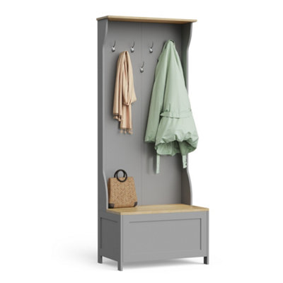 VonHaus Coat Rack Stand with Shoe Bench Grey Hall Tree & Seat