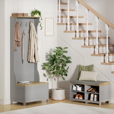 VonHaus Coat Stand with Shoe Storage, Grey Hallway Unit with
