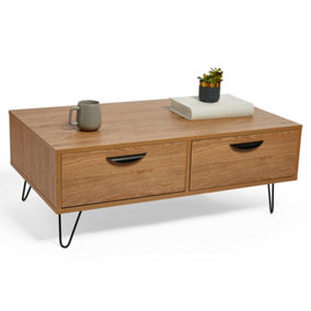 VonHaus Coffee Table Oak Wood Effect - 2 Drawer Coffee Table for Living Room - Industrial Centre Table with Hairpin Legs & Handles