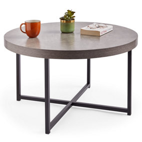 VonHaus Concrete Look Round Coffee Table Grey, Lightweight Centre Table w/Black Metal Legs, 80cm Diameter, Modern Industrial Style