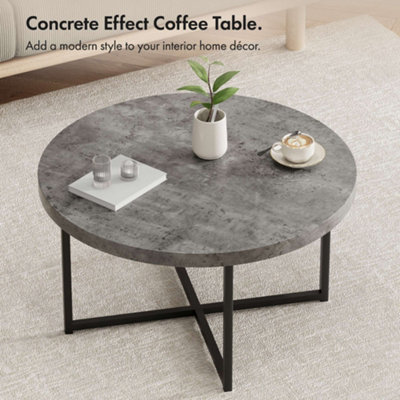 VonHaus Concrete Look Round Coffee Table Grey Lightweight Centre Table w Black Metal Legs 80cm Diameter
