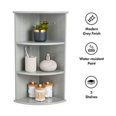 VonHaus Corner Shelf Unit, Grey 3 Tier Shelving, Freestanding or Wall Mounted Display Shelves, Modern Storage for Bathroom Decor