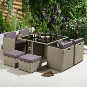 VonHaus Cube Garden Dining Set, Rattan 4-8 Seater Dining Table Set, 4 Chairs & Stools, Space Saving Outdoor Dining Table & Chairs