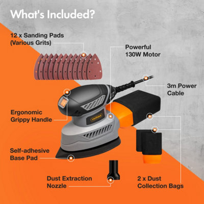 VonHaus Detail Sander 130W Electric Sander for Wood with Dust Collector 12PCS Sandpapers 13000RPM Compact Palm