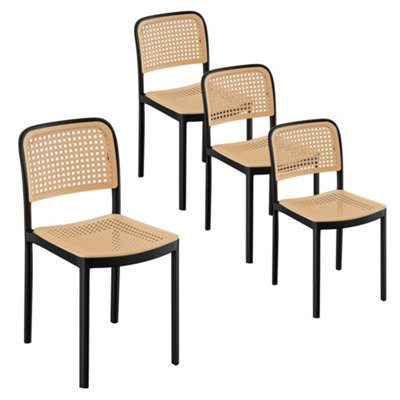 VonHaus Dining Chairs Set of 4, Black & Natural Rattan Effect Kitchen Chairs, Compact & Stackable Plastic Chairs for Dining Room