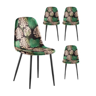 VonHaus Dining Chairs Set of 4, Tropical Palm Leaf Print Kitchen Chairs with Black Metal Legs, Velvet Chairs for Dining