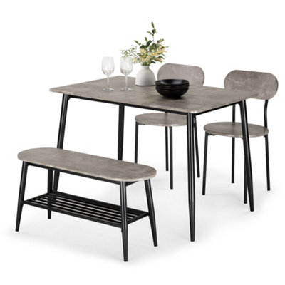 VonHaus Dining Room Set, 4 Seater Grey Dining Table and Chairs Set, Rectangular Concrete Effect Kitchen Table with Bench, Murray