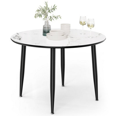 VonHaus Dining Table, 4 Seater Kitchen Table for Dining Room, Cicular Marble Top Effect with Black Tapered Legs, Parma