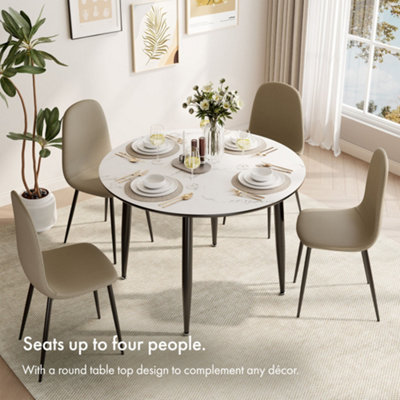 VonHaus Dining Table, 4 Seater Kitchen Table for Dining Room, Cicular Marble Top Effect with Black Tapered Legs, Parma