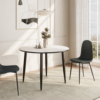 VonHaus Dining Table, 4 Seater Kitchen Table for Dining Room, Cicular Marble Top Effect with Black Tapered Legs, Parma
