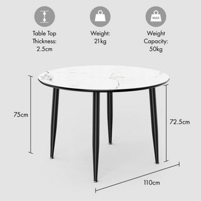 VonHaus Dining Table, 4 Seater Kitchen Table for Dining Room, Cicular Marble Top Effect with Black Tapered Legs, Parma