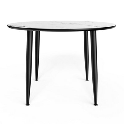 VonHaus Dining Table, 4 Seater Kitchen Table for Dining Room, Cicular Marble Top Effect with Black Tapered Legs, Parma