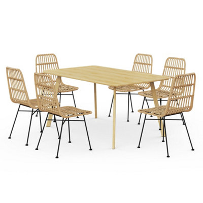 VonHaus Dining Table & Chairs Set , 6 Seater Dining Table with Rattan Chairs Set, Rectangular Scandi Style Dinner Table & 6 Chairs