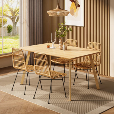VonHaus Dining Table & Chairs Set , 6 Seater Dining Table with Rattan Chairs Set, Rectangular Scandi Style Dinner Table & 6 Chairs