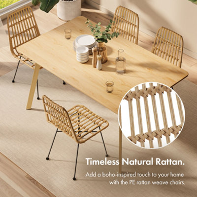 VonHaus Dining Table & Chairs Set , 6 Seater Dining Table with Rattan Chairs Set, Rectangular Scandi Style Dinner Table & 6 Chairs