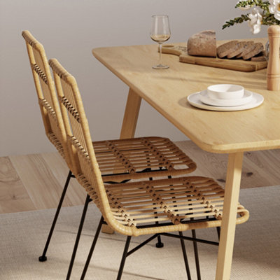 VonHaus Dining Table & Chairs Set , 6 Seater Dining Table with Rattan Chairs Set, Rectangular Scandi Style Dinner Table & 6 Chairs
