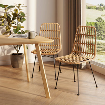 VonHaus Dining Table & Chairs Set , 6 Seater Dining Table with Rattan Chairs Set, Rectangular Scandi Style Dinner Table & 6 Chairs