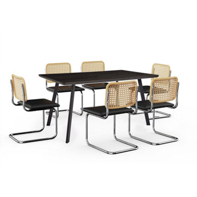VonHaus Dining Table & Chairs Set, 6 Seater Dinner Table with Cantilever Chairs Set, Rectangular Dark Wood Effect Dining Room Set