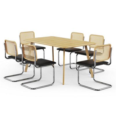 VonHaus Dining Table & Chairs Set, 6 Seater Dinner Table with Cantilever Chairs Set, Rectangular Light Wood Effect Dining Room Set
