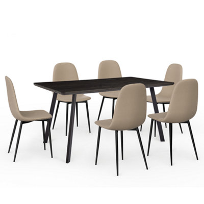 VonHaus Dining Table & Chairs Set, 6 Seater Table w/ Beige Dining Chairs Set, Rectangular Dark Wood Effect Dinner Table & 6 Chairs