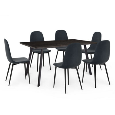 VonHaus Dining Table & Chairs Set, 6 Seater Table w/ Blue Dining Chairs Set, Rectangular Dark Wood Effect Dinner Table & 6 Chairs