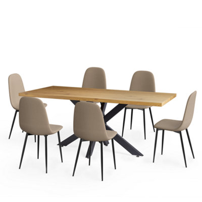 VonHaus Dining Table & Chairs Set, 6 Seater Table with Beige Dining Chairs Set, Rectangular Scandi Style Dinner Table & 6 Chairs