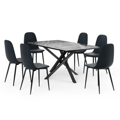 VonHaus Dining Table & Chairs Set, 6 Seater Table with Blue Dining Chairs Set,  Black Marble Effect Dinner Table with 6 Chairs